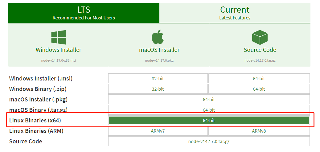 下载nodejs的Linux 64位版本